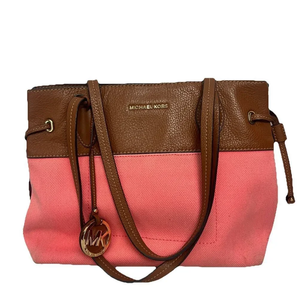 Michael Kors Marina East West Drawstring Tote in Coral Canvas & Tan Leather